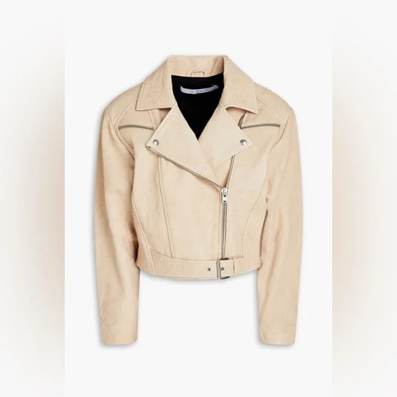 NWT IRO Marom Fringed Crinkled Leather Biker Jacket 38 M Beige - Picture 2 of 11